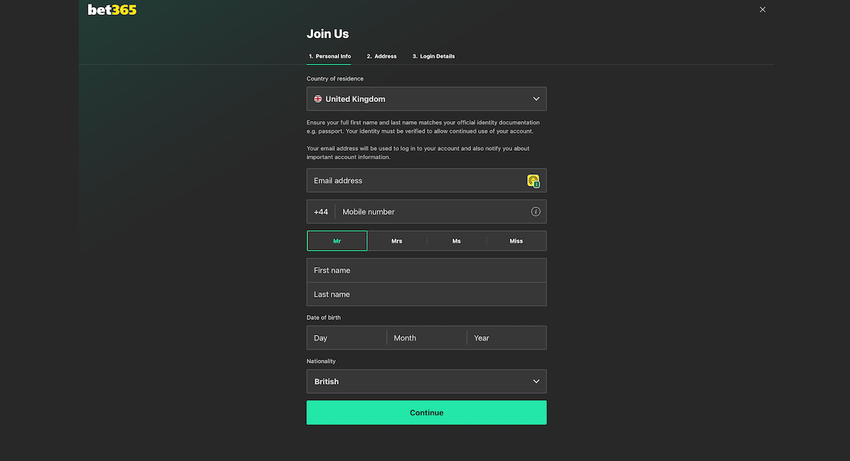 bet365 Casino Review Sign Up Process: Screenshot of the Bet365 sign-up form showing fields for country of residence, email, mobile number, title, name, date of birth, and nationality.