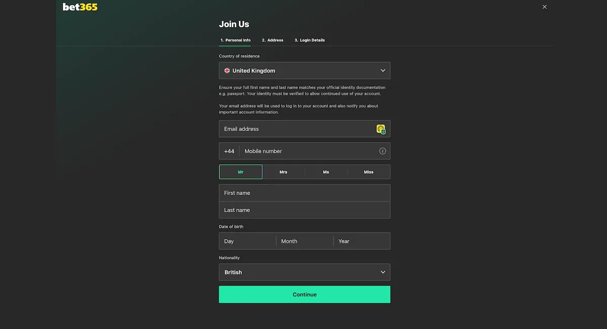 how to sign up to bet365 casino - step 1 bet365 Casino Review Sign Up Process: Screenshot of the Bet365 sign-up form showing fields for country of residence, email, mobile number, title, name, date of birth, and nationality.