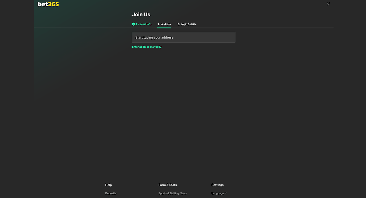 bet365 Casino Review Sign Up Process: Screenshot of the Bet365 sign-up process asking the user to type or manually enter their address.