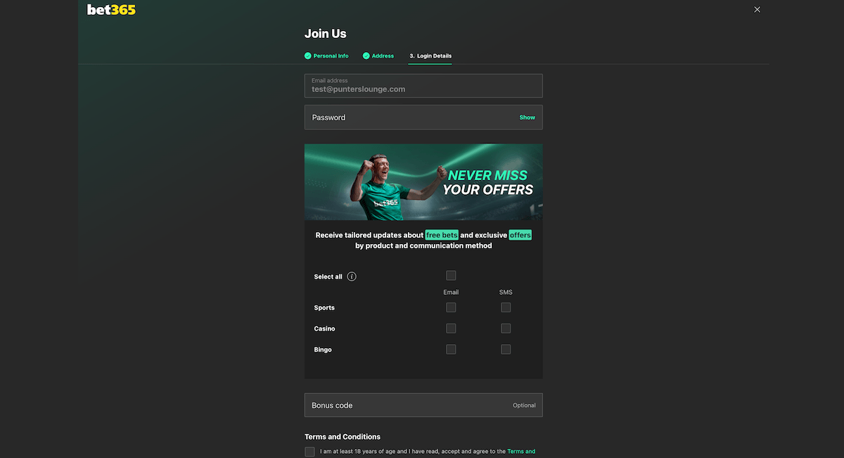 bet365 Casino Review Sign Up Process: Screenshot of the Bet365 sign-up form showing fields to set a password, choose marketing preferences, enter a bonus code, and agree to terms and conditions.