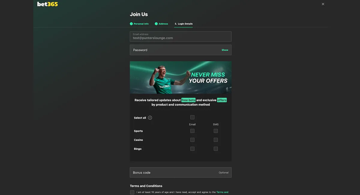 how to sign up to bet365 casino - step 3 bet365 Casino Review Sign Up Process: Screenshot of the Bet365 sign-up form showing fields to set a password, choose marketing preferences, enter a bonus code, and agree to terms and conditions.