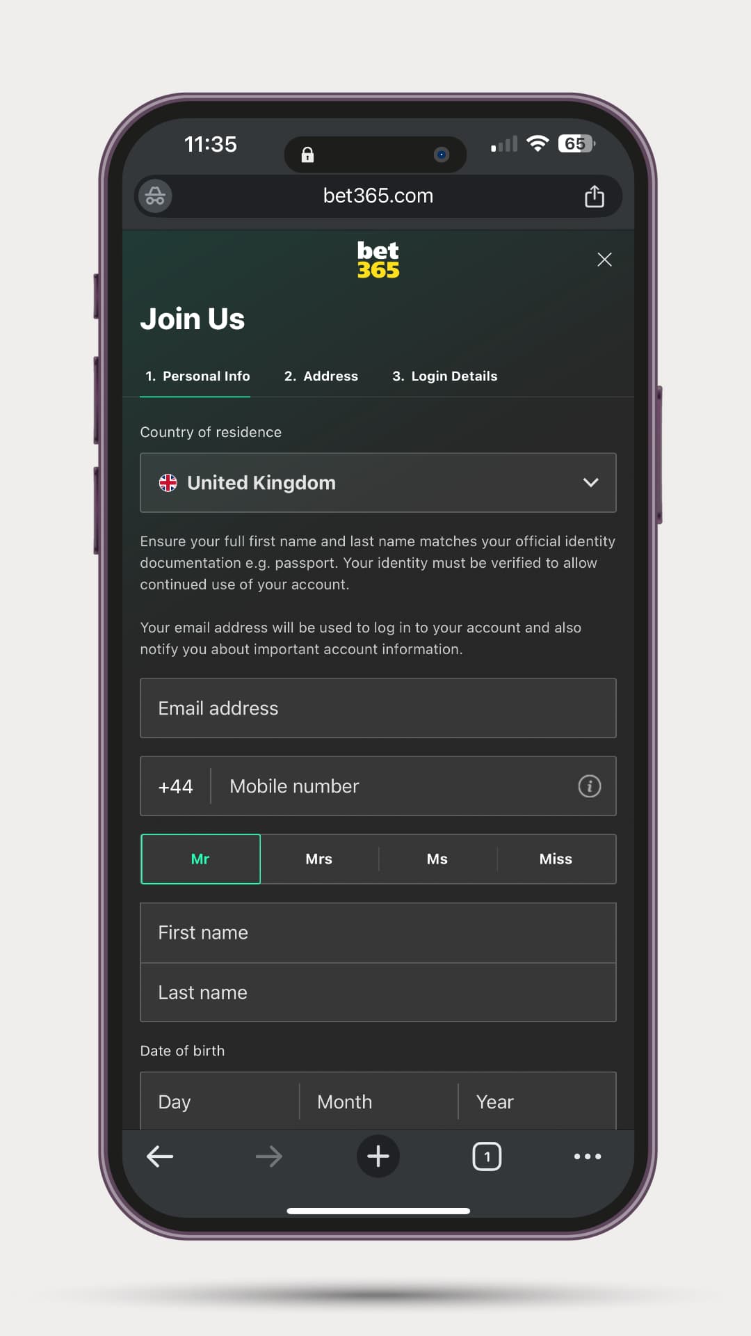 bet365 Casino Review Sign Up Process: Mobile screenshot of the Bet365 sign-up form showing fields for country of residence, email, mobile number, title, name, and date of birth.