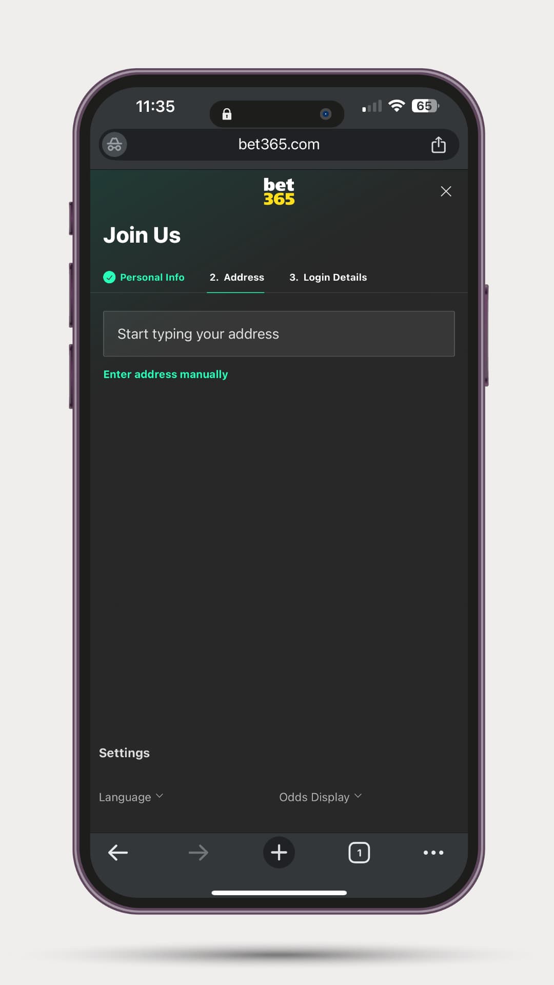 bet365 Casino Review Sign Up Process: Mobile screenshot of the Bet365 registration page asking the user to start typing or manually enter their address.