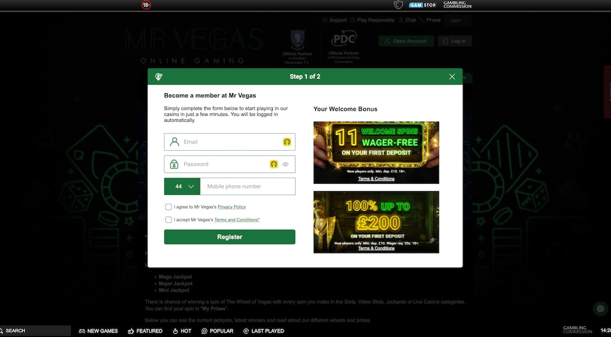 how-to-sign-up-to-mr-vegas-desktop-step-1 Mr Vegas casino review of the sign up process: Registration form on Mr Vegas website (desktop) showing email, password, and mobile number fields, along the welcome bonus offer. 11 wager-free spins and 100% bonus up to £200.