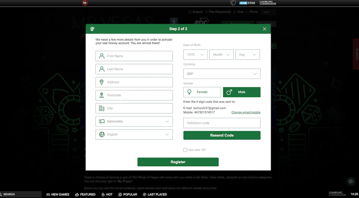how-to-sign-up-to-mr-vegas-desktop-step-2 Mr Vegas casino review of the sign up process: Second step of Mr Vegas registration (desktop) with fields for personal details including name, address, DOB, gender, and a section to enter a verification code sent via email and SMS.