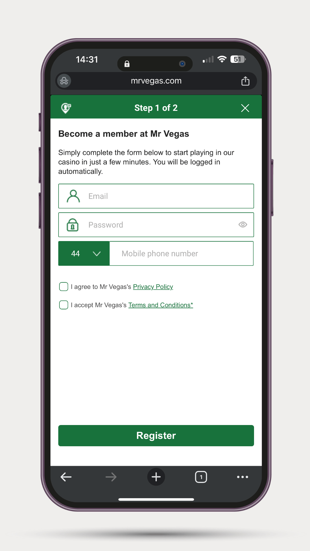 how-to-sign-up-to-mr-vegas-mobile-step-1 Mr Vegas casino review of the mobile sign up process: Mobile view of Mr Vegas registration step 1 with input fields for email, password, and mobile number, plus checkboxes for agreeing to privacy policy and terms.