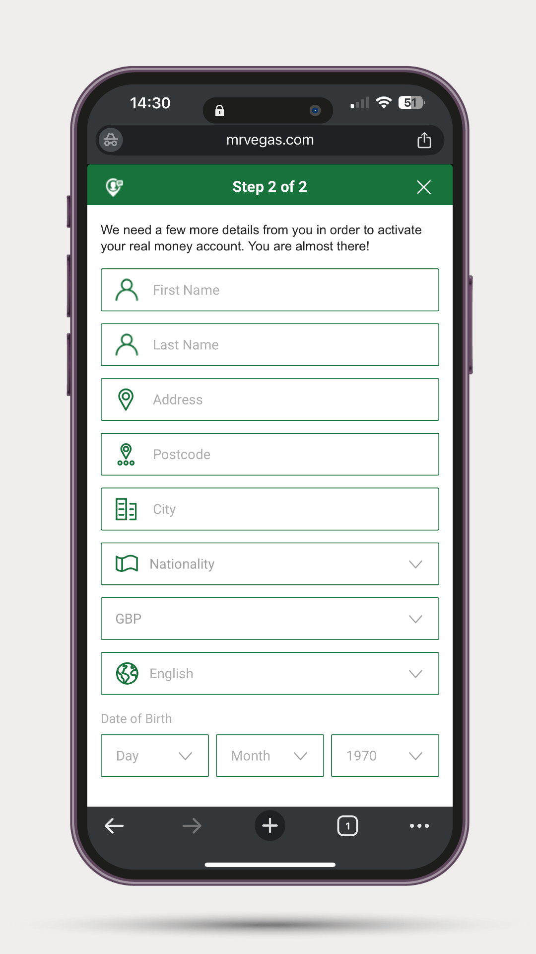 how-to-sign-up-to-mr-vegas-mobile-step-2 Mr Vegas casino review of the mobile sign up process: Mobile view of Mr Vegas registration step 2 with fields for personal information such as name, address, city, nationality, and date of birth.