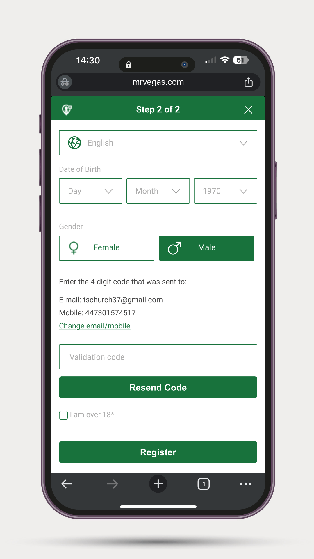 how-to-sign-up-to-mr-vegas-mobile-step-3 Mr Vegas casino review of the mobile sign up process: Mobile view of Mr Vegas registration step 2 continued, showing gender selection, email and mobile confirmation message, validation code entry, and final register button.