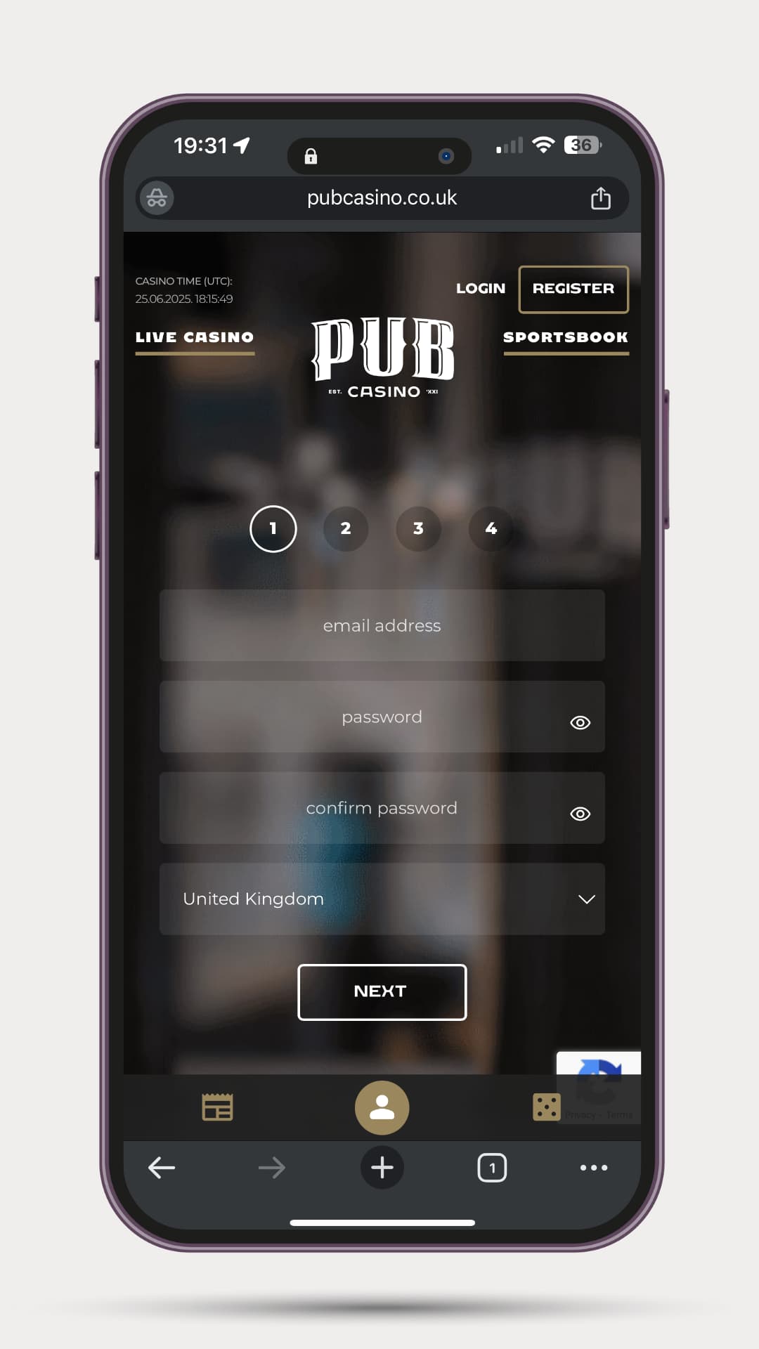 how-to-sign-up-to-pub-casino-mobile-step-1 Mobile version of Pub Casino sign-up form, step 1 of 4, asking for email address, password, confirmation, and country. The “Next” button appears below the fields.
