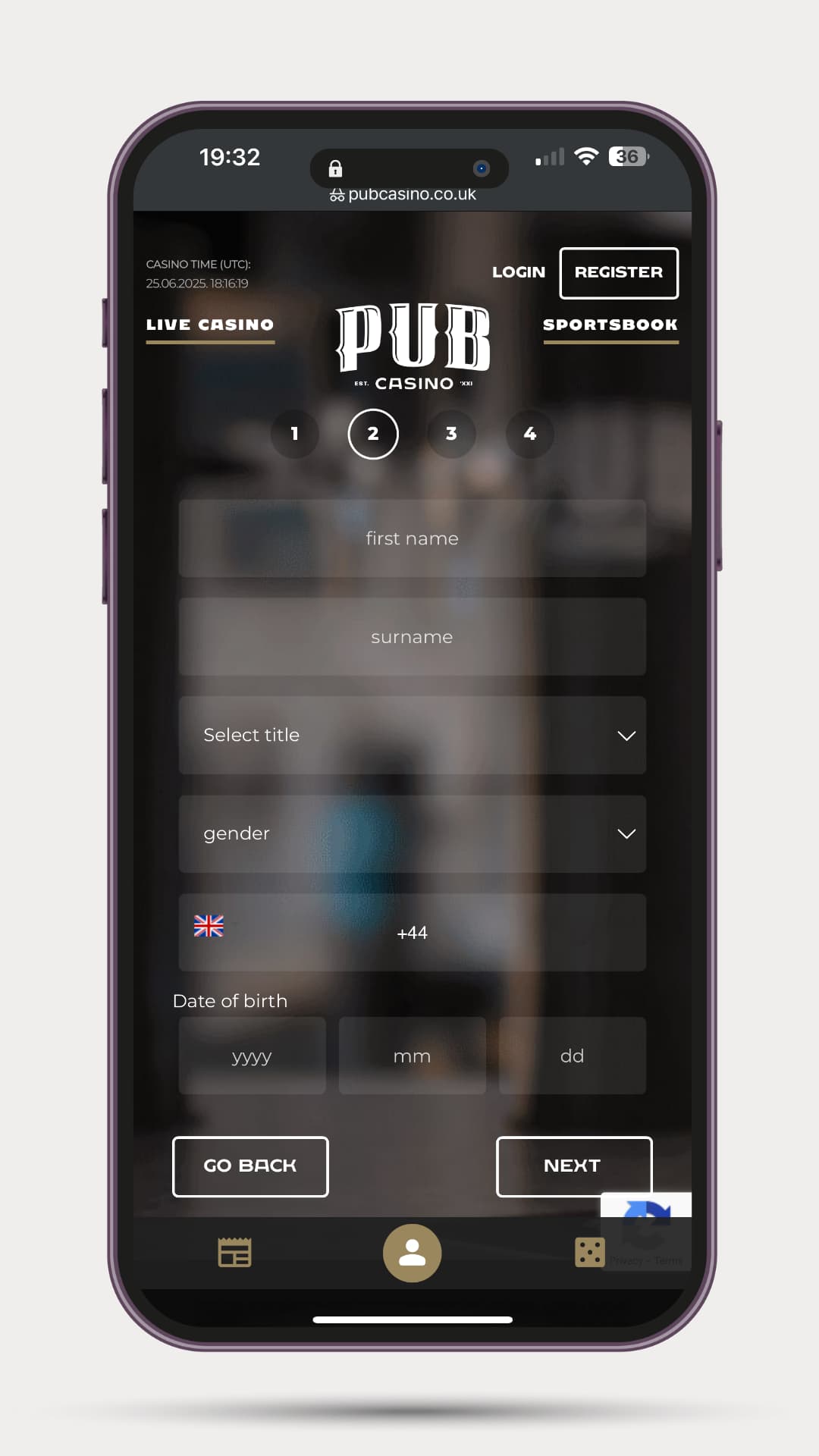 how-to-sign-up-to-pub-casino-mobile-step-2 Mobile step 2 of 4 with fields for first name, surname, title, gender, phone number with country code, and date of birth. “Go Back” and “Next” buttons are visible beneath the form.