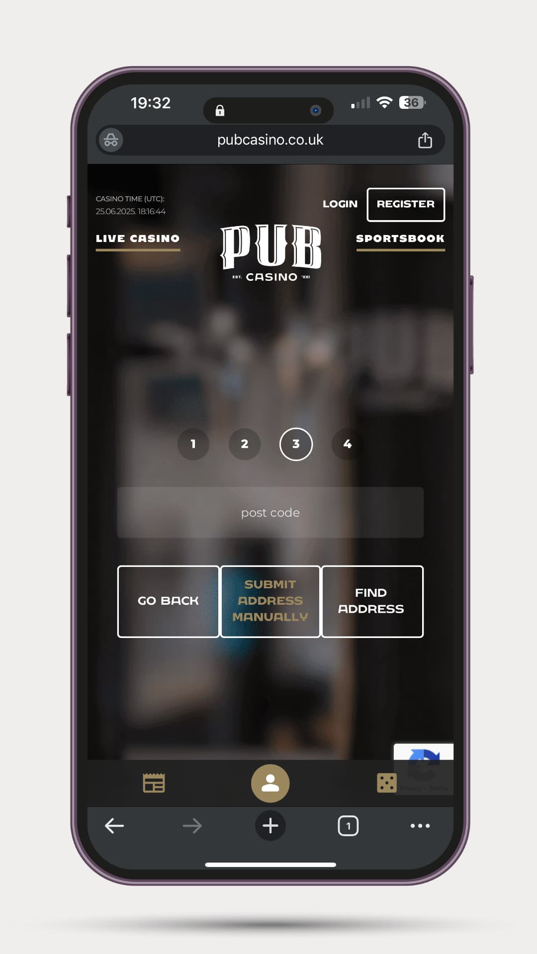 how-to-sign-up-to-pub-casino-mobile-step-3 Mobile step 3 of 4 showing a single field for postcode, with buttons to go back, find address, or submit manually.