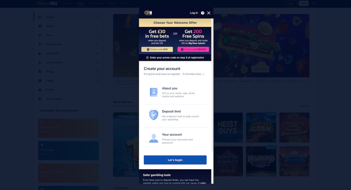 A screenshot of the William Hill sign-up process, showing the "Choose Your Welcome Offer" section with options for "Get £30 in free bets" or "Get 200 Free Spins," along with a "Create your account" summary.