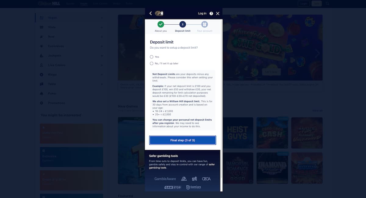 A screenshot of the William Hill sign-up form, showing the "Deposit limit" section where users can choose to set a daily, weekly, or monthly deposit limit.