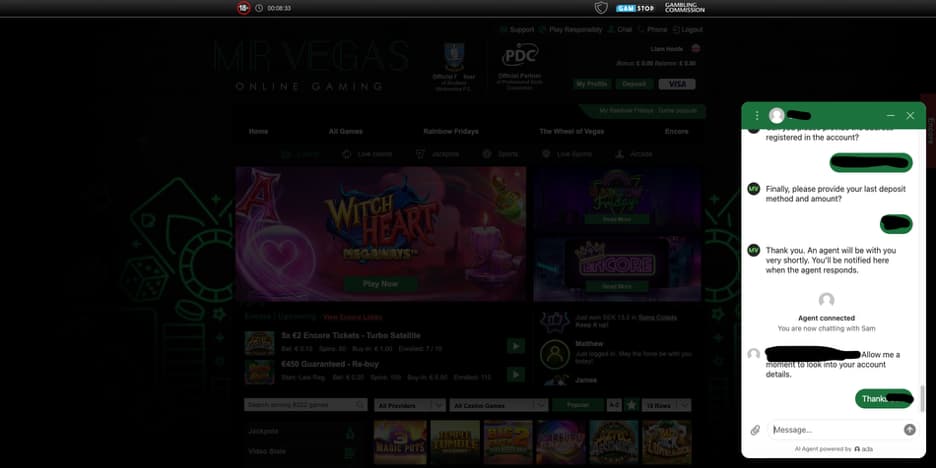 mr-vegas-customer-support Screenshot of Mr Vegas online gaming site with a live chat window open on the right. A support conversation is underway, where the user is asked for their last deposit method and amount, followed by a message from agent Sam stating they are reviewing the account details.
