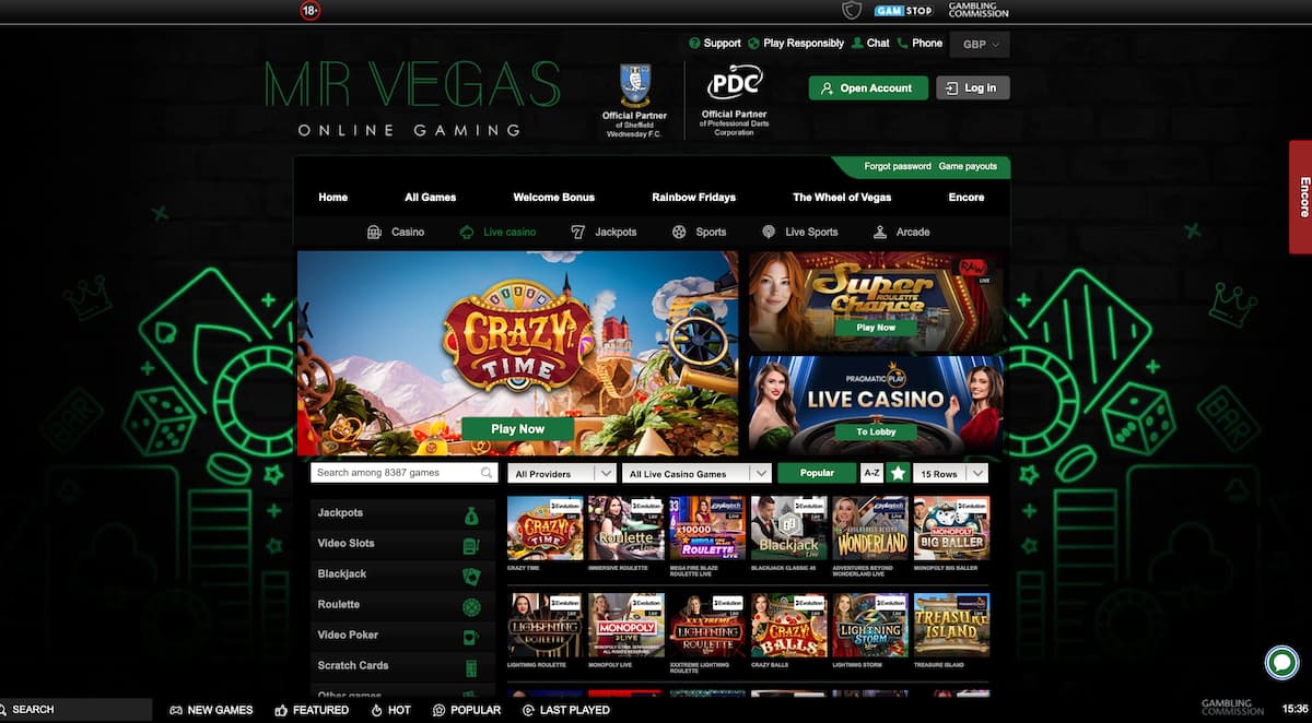 mr-vegas-desktop-live-casino-image Desktop view of the Mr Vegas homepage focused on live casino content. Promotions include Crazy Time, Super Roulette Chance, and Pragmatic Play’s Live Casino. Navigation menu includes Casino, Live Casino, Jackpots, and Sports. A grid layout displays various live dealer games such as Blackjack and Lightning Roulette.