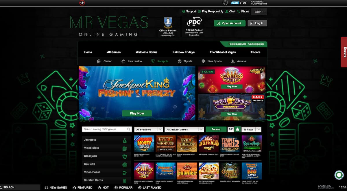 mr-vegas-desktop-slots-image Desktop view of the Mr Vegas online casino homepage highlighting slot games. Banner showcases Jackpot King: Fishin’ Frenzy. Adjacent panels promote Scatter Matters and Piggy Riches Megaways. Game filters and categories like Jackpots, Video Slots, and Scratch Cards appear below with titles such as Bigger Money Bass and Temple Tumble 2.