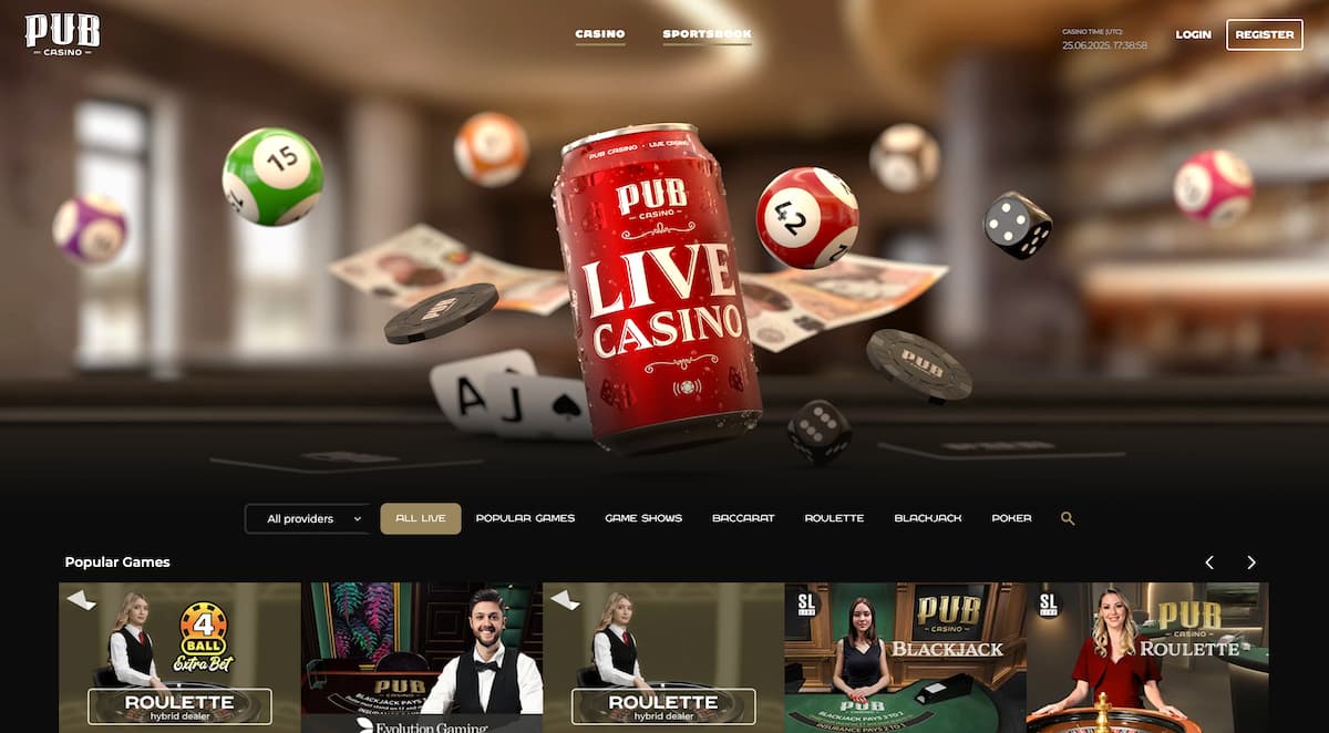 pub-casino-desktop-live-casino Desktop view of Pub Casino's live casino homepage. A red soda can labeled “Live Casino” floats among poker chips, cards, dice, and bingo balls. Below, popular live games such as Roulette and Blackjack are listed with filter options for providers and game types.