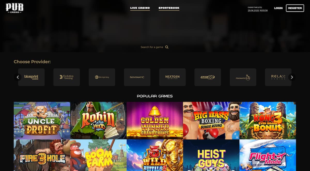 pub-casino-desktop-slots Desktop view of Pub Casino slots page displaying a selection of popular games including Uncle Profit, Robin Hood, Golden Winner, Big Bass Boxing, and Kong Bonus. Game provider filter options such as Blueprint, Evolution Gaming, Microgaming, and Play’n GO are shown above the game grid, with login and register buttons in the top right corner.