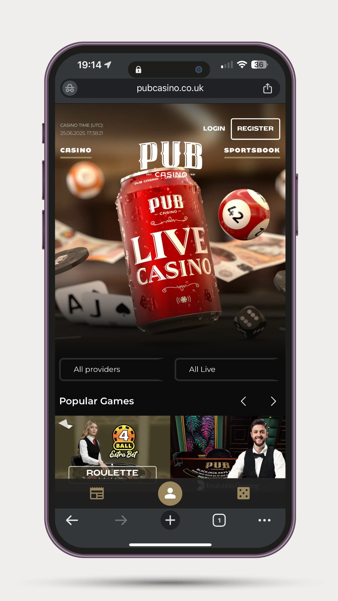 pub-casino-mobile-live-casino Mobile view of Pub Casino live casino page featuring a red “Live Casino” can surrounded by casino imagery including cards, chips, dice, and numbered balls. Popular games like 4 Ball Roulette and Blackjack are displayed in a horizontal scroll beneath provider and live game filters