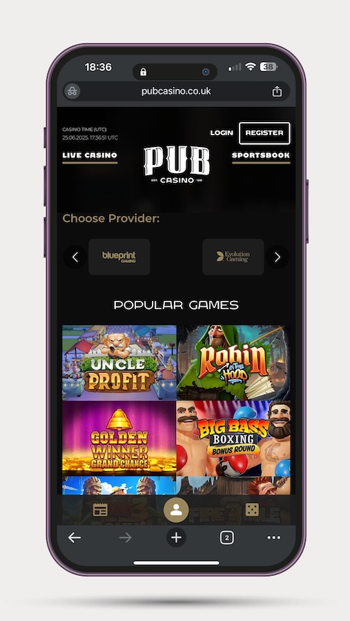 pub-casino-mobile-slots Mobile view of Pub Casino homepage showing game providers and popular slot games including Uncle Profit, Robin Hood, Golden Winner Grand Chance, and Big Bass Boxing. The page includes login, register, and live casino options at the top.