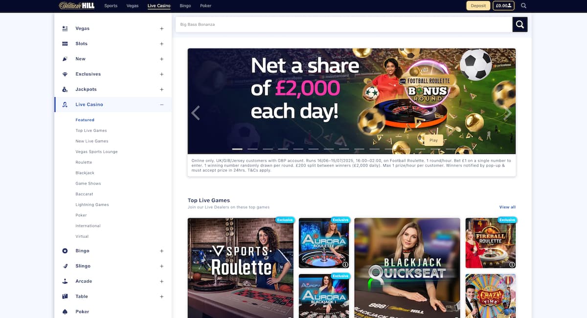 A screenshot of the William Hill Live Casino desktop page, featuring a promotional banner for "Net a share of £2,000 each day!" with a football-themed roulette, and a section displaying "Top Live Games" with images of various live dealer games like Sports Roulette and Blackjack Quickseat.
