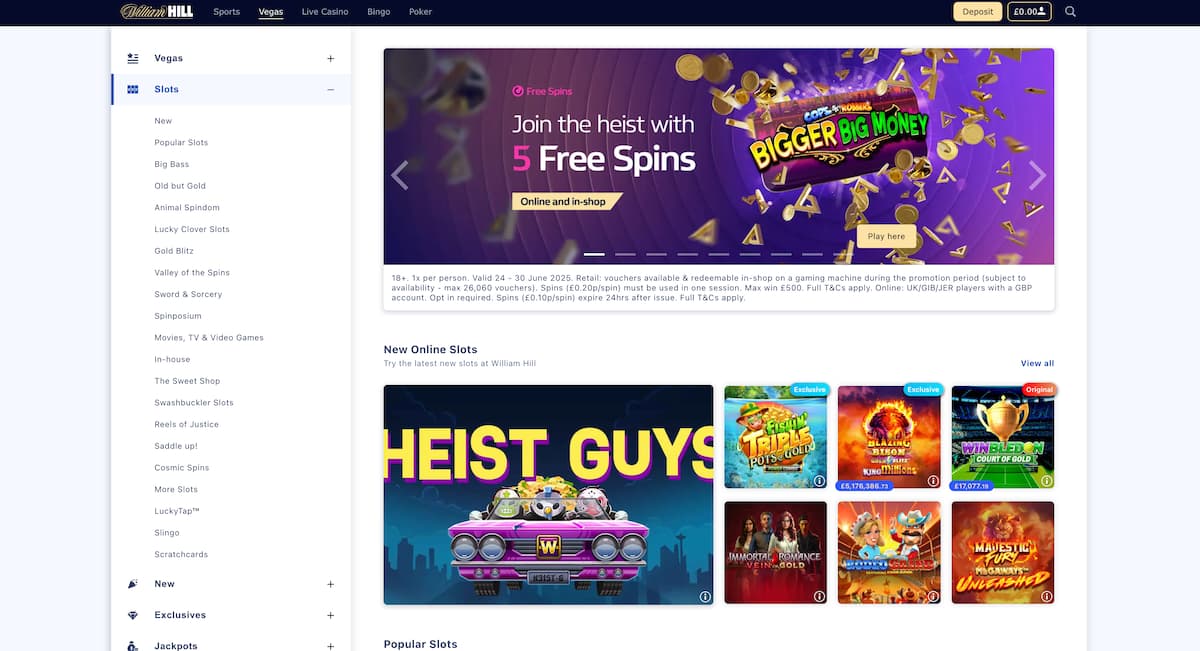 A screenshot of the William Hill Vegas desktop website, showing the "Slots" section with a promotional banner for "Join the heist with 5 Free Spins" and a grid of various online slot games below it.