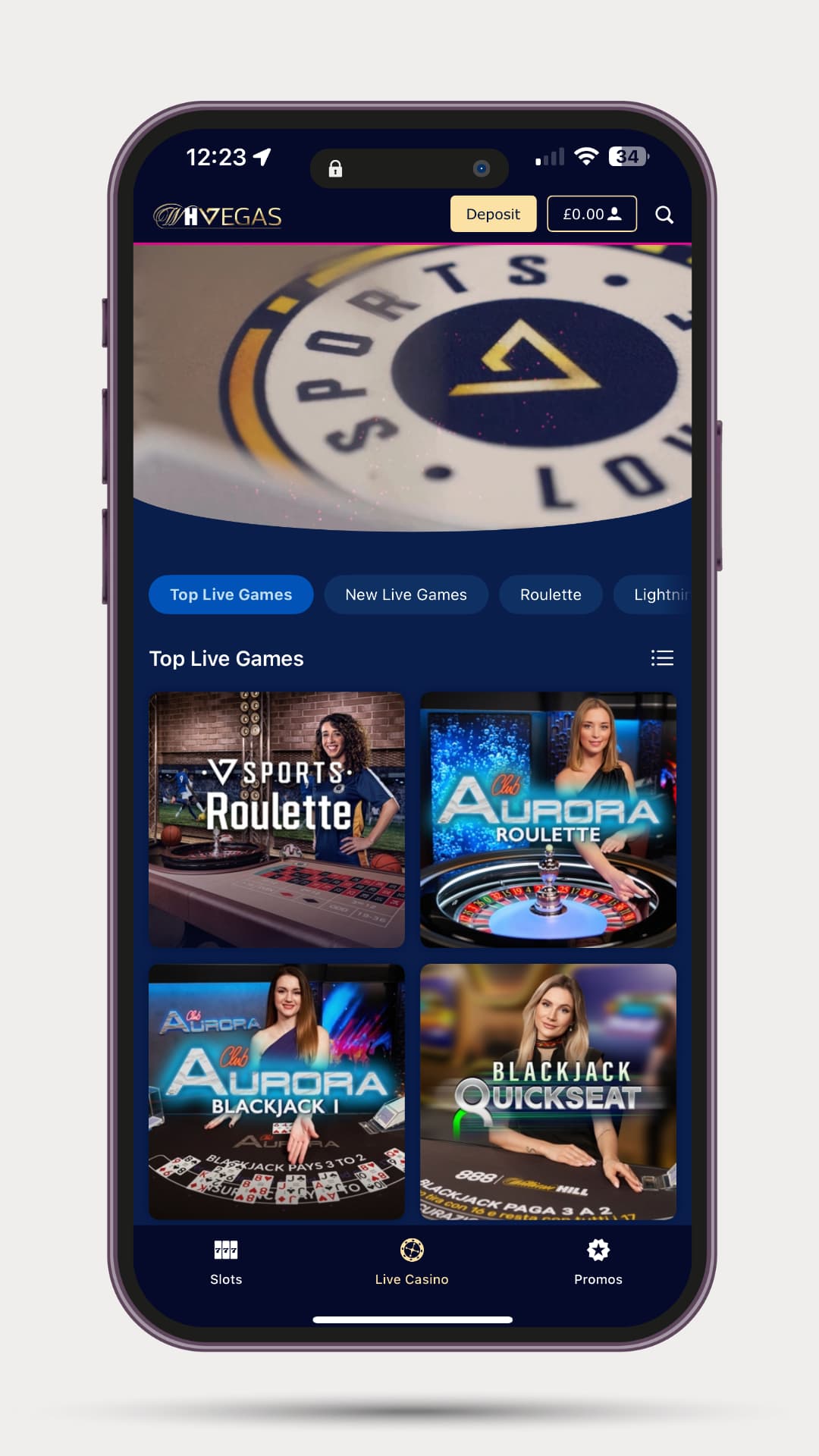 A screenshot of the William Hill Live Casino mobile app interface, showing "Top Live Games" with images of live dealer games such as Sports Roulette, Aurora Roulette, Aurora Blackjack I, and Blackjack Quickseat.
