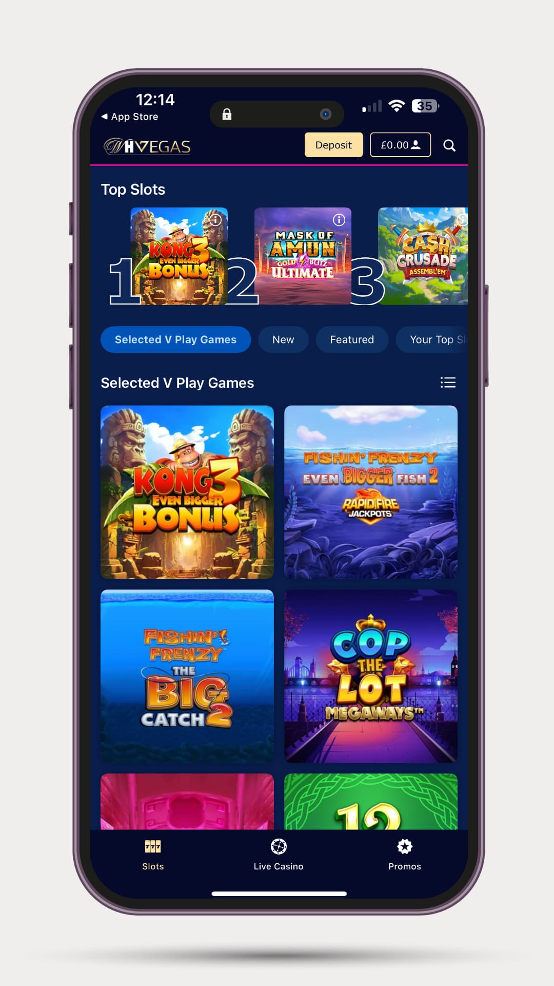 A screenshot of the William Hill Vegas mobile app interface, displaying "Top Slots" with three featured games and a section for "Selected V Play Games" showing a grid of popular slot titles like "Kong's Even Bigger Bonus" and "Fishin' Frenzy Even Bigger Fish 2."