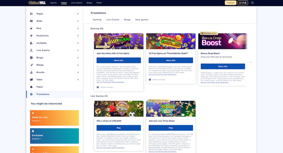 A screenshot of the William Hill casino promotions page, displaying various offers under "Gaming" and "Live Casino" categories, including free spins and prize drops, with details and "More info" buttons for each.