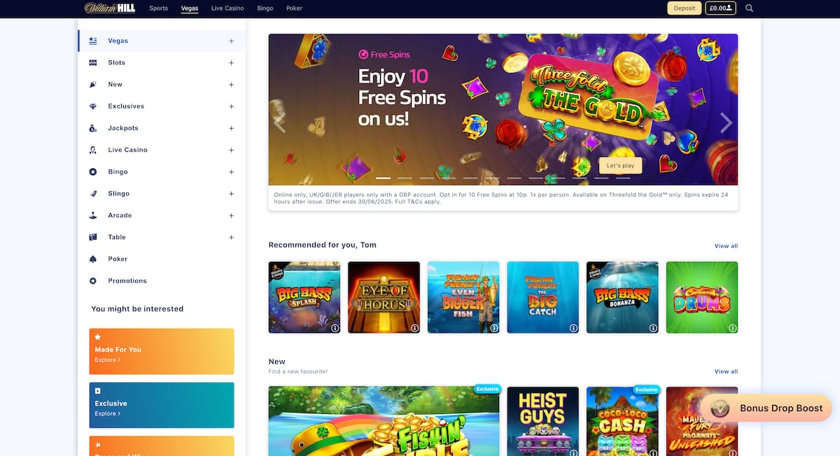 A screenshot of the William Hill casino homepage after sign-up, displaying a banner for "Enjoy 10 Free Spins on us!" and various casino game recommendations.