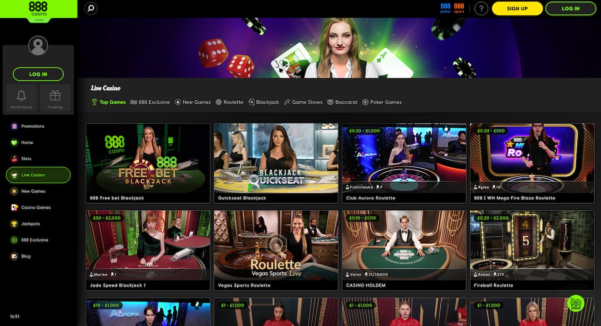 888-live-casino-page 888 live casino page with options to play roulette, blackjack, and poker.