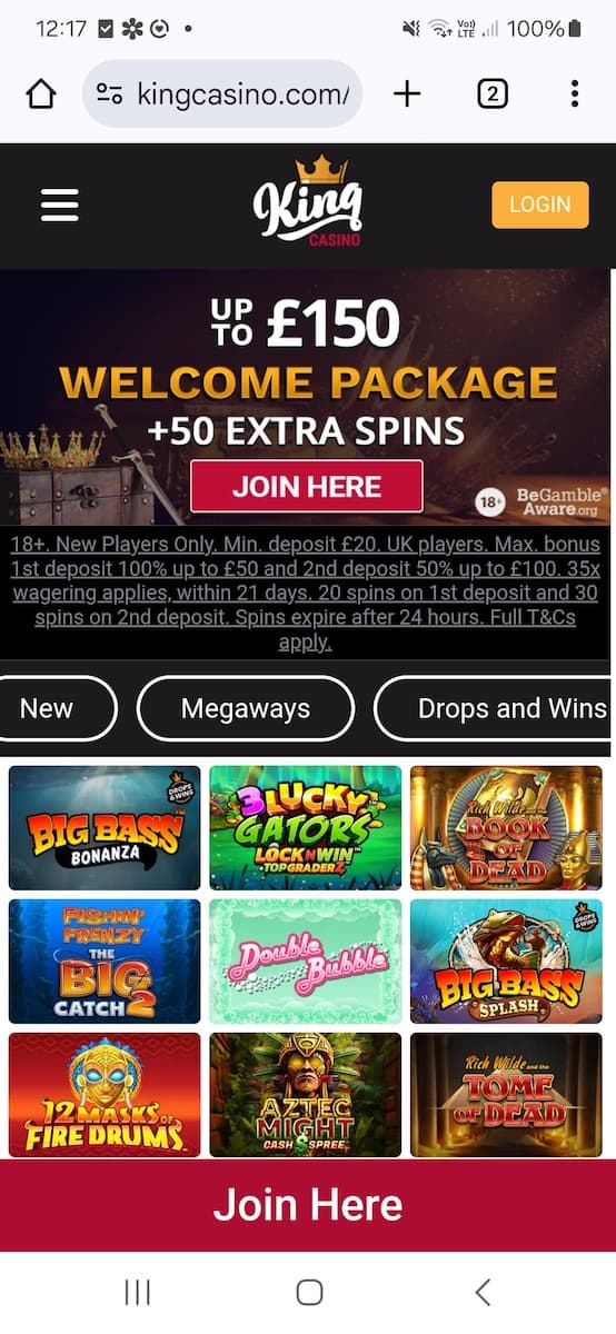 King-casino-mobile (1) King Casino mobile view with welcome bonus banner, game categories, and slot game thumbnails grid.
