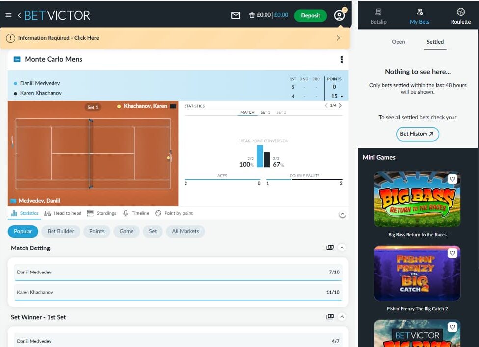 betvictor-in-play-betting-page A screenshot of BetVictors in-play betting screen on a tennis match.