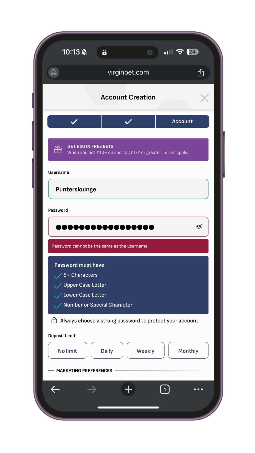 Set account details, deposit limits, and marketing preferences.