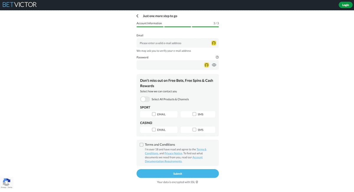 Create an account password and sign up for special offers