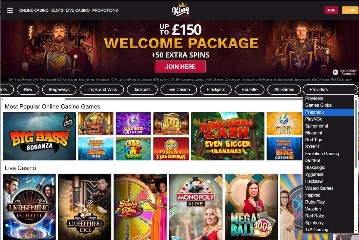 king-casino-game-providers King Casino slots page with welcome bonus banner, game categories, and provider dropdown menu open on Pragmatic.