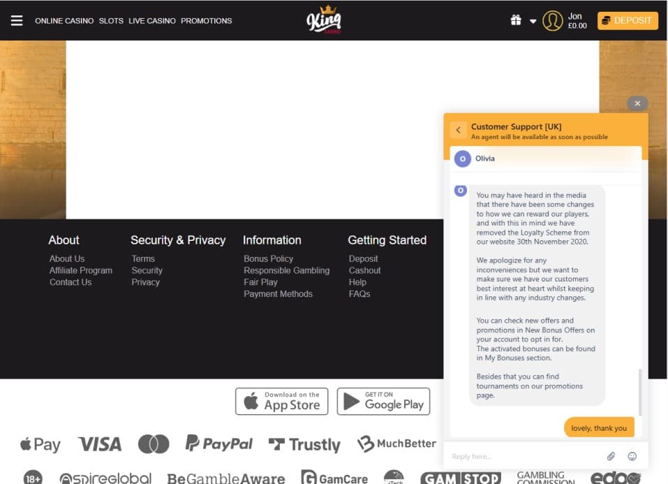 king_casino_LIVE_CHAT (1) Live chat conversation screenshot showing King Casino support agent Olivia explaining changes to the loyalty scheme, apologising for inconvenience, and guiding on new bonus offers and promotions.
