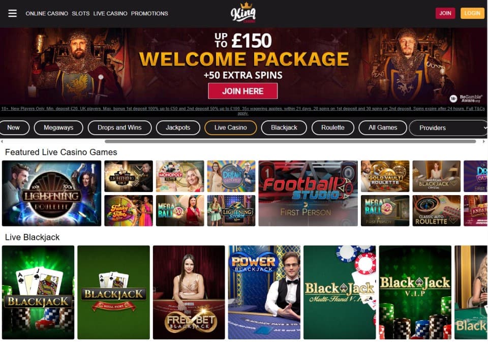 king_casino_live_casino (1) King Casino live casino page showing welcome banner, featured live games, and live blackjack options.