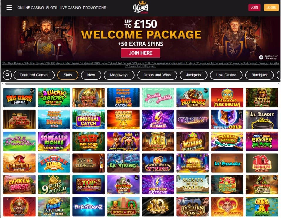 king_casino_slots King Casino slots page with welcome banner and various slot game thumbnails under navigation tabs.