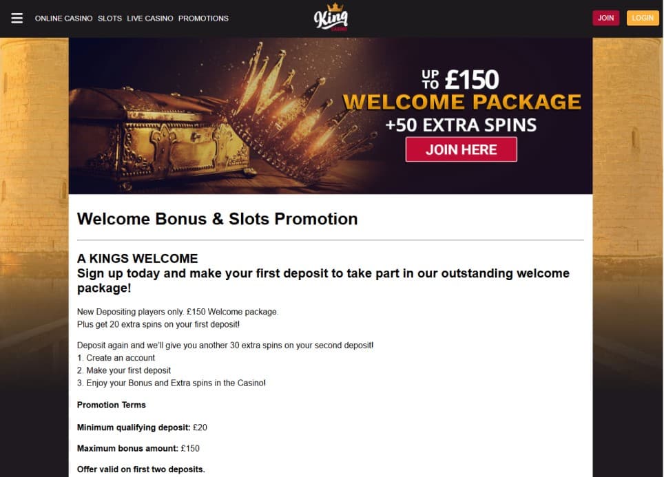 king_casino_welcome_offer King Casino welcome offer landing page: £150 welcome package plus 20 extra spins on your first deposit. Minimum £20 deposit.