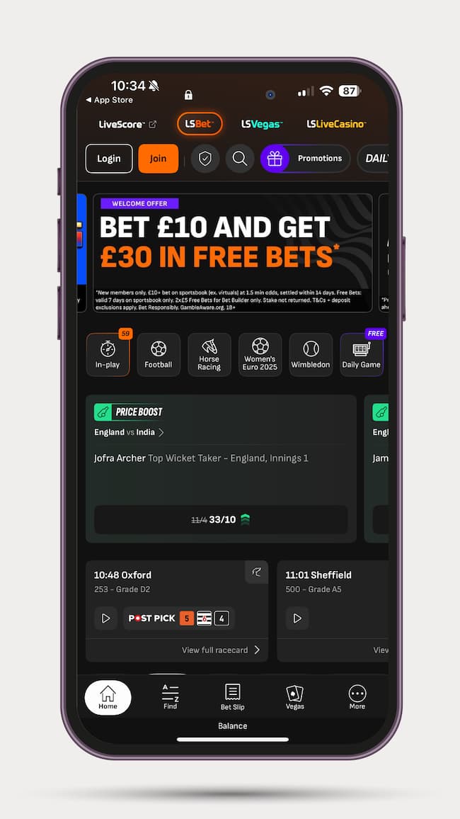 A screenshot of the livescore bet mobile app home screen.