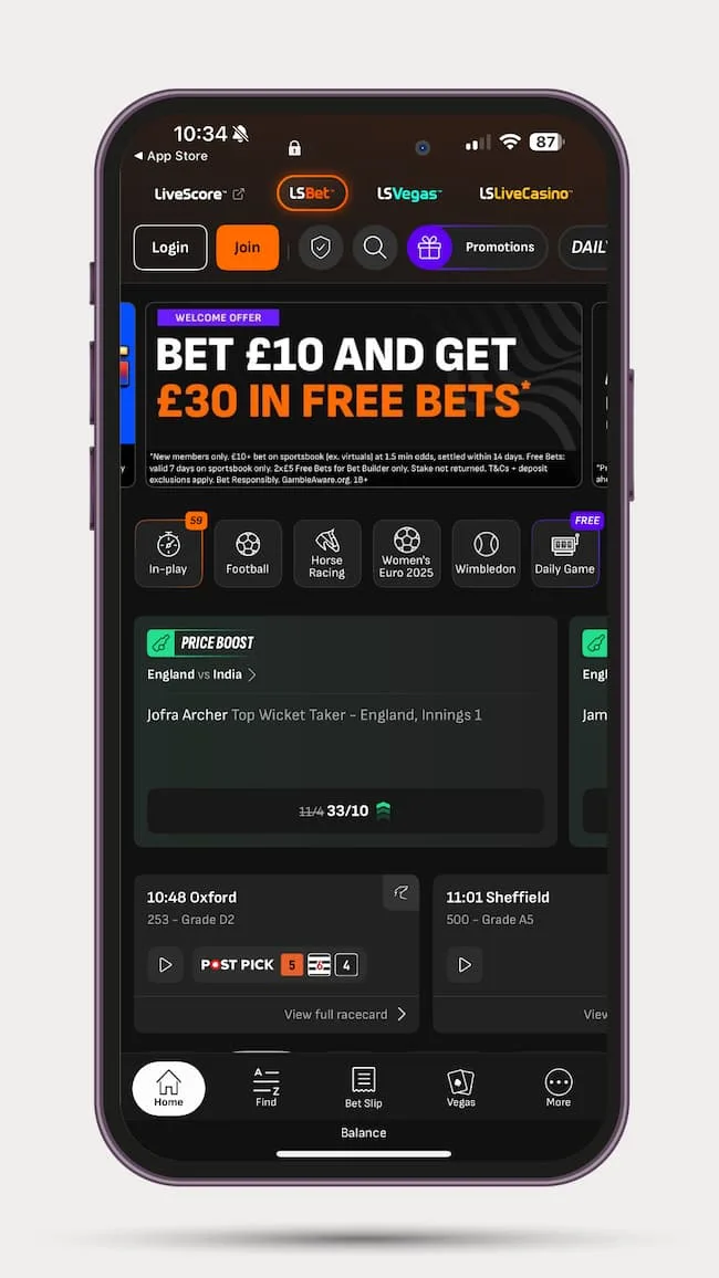 livescore-bet-app A screenshot of the livescore bet mobile app home screen.