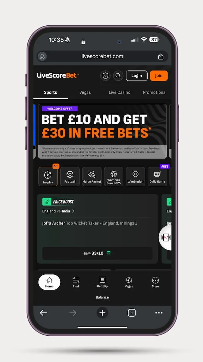 livescore-bet-mobile-site A screenshot of the LiveScore Bet mobile site home screen.