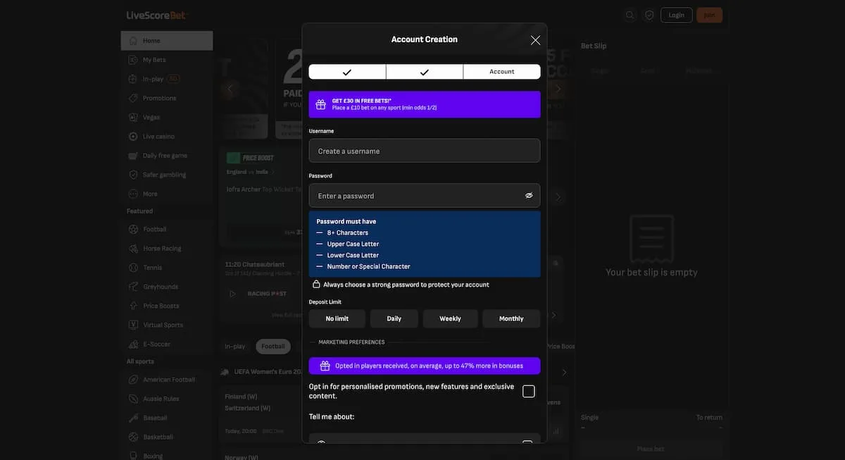 Set username, password, deposit limit, and marketing preferences.