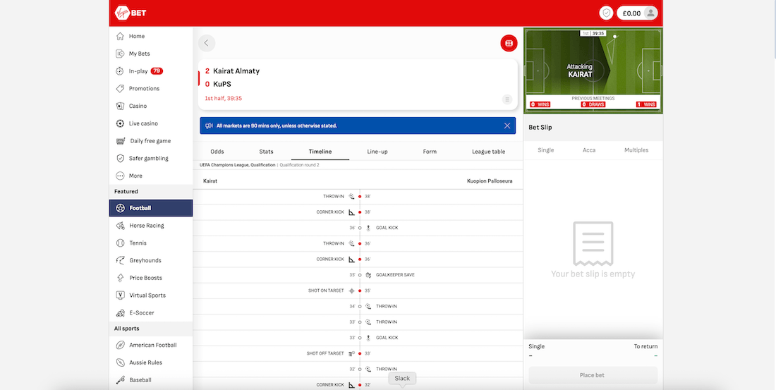 Virgin Bet In-Play Betting Screenshot