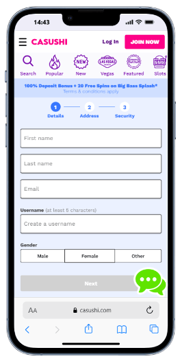 Casushi Casino Review - Step 1 of Registration